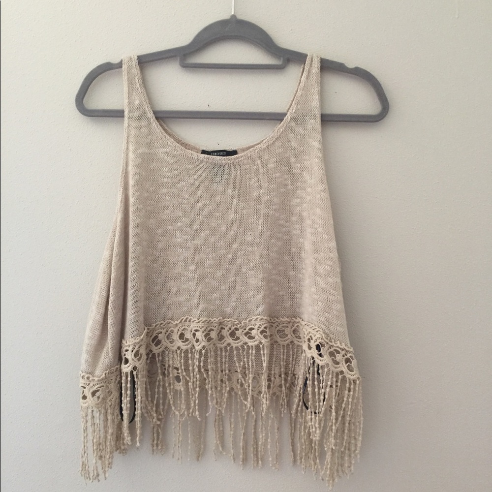 Beige fringe detail tank top
